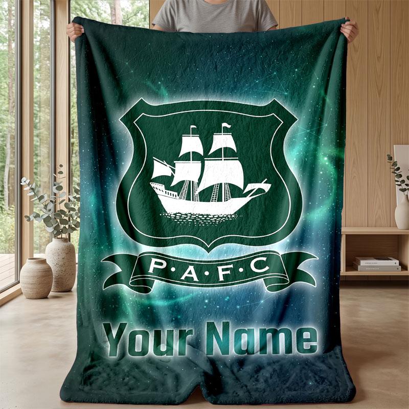 Plymouth Argyle FC Custom Name Text Flannel Blanket Soccer Logo Personalized Fleece Throw Blanket Special Gift For Sofa Bedroom Home