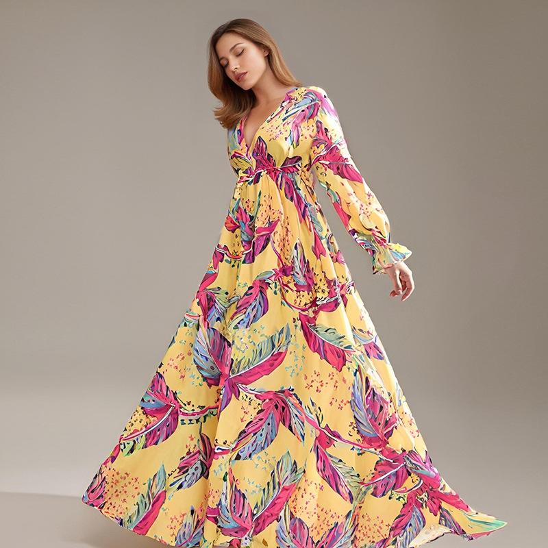 

Платье с длинными рукавами Женское длинное платье с цветочным принтом Пляжное платье больших размеров 4XL жёлтый