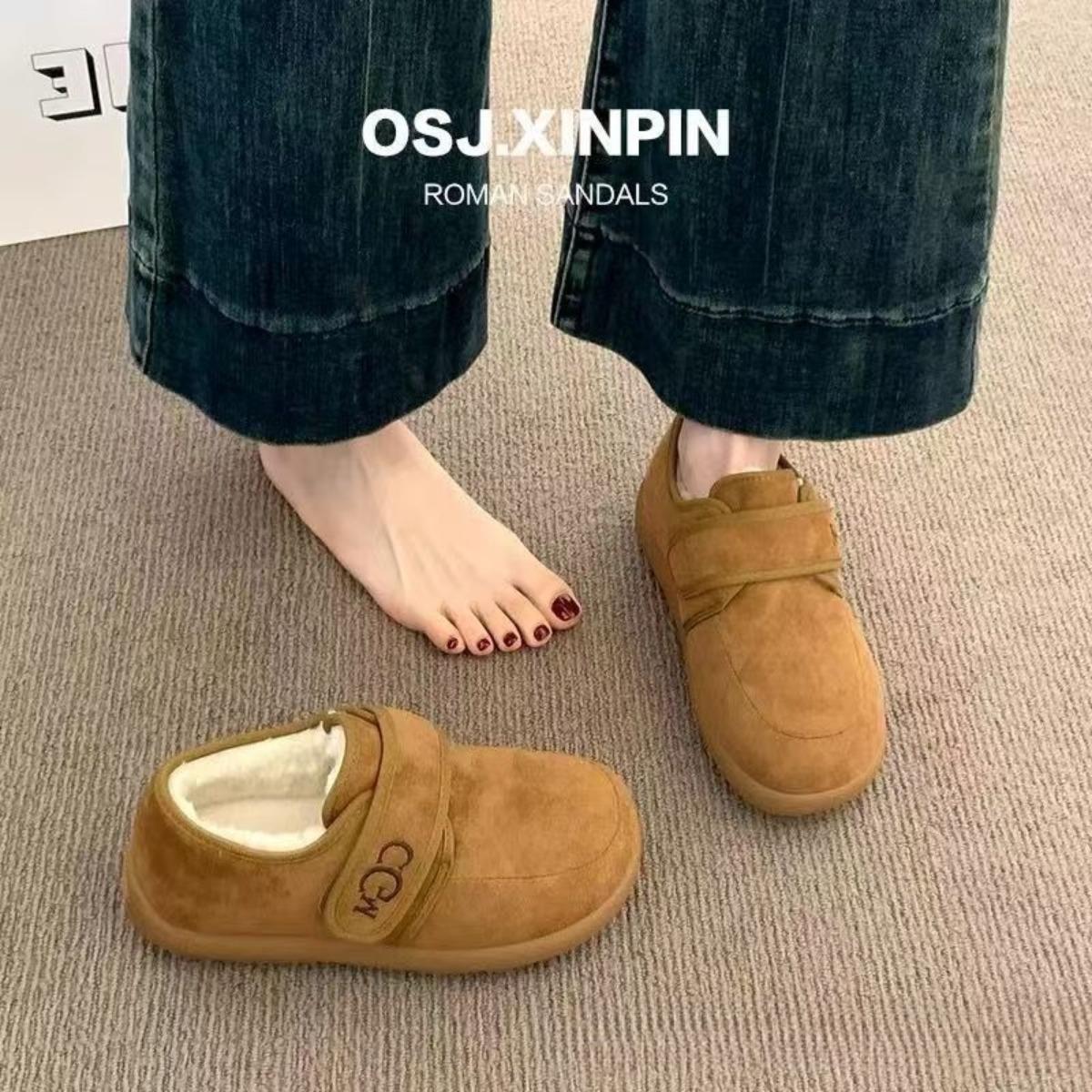 Зимние ботинки на тонкой подошве и плюшевые туфли осенне-зимние хлопковые ботинки на липучке нескользящие пушистые туфли-бобы теплые женские хлопковые туфли 36 коричневый 1200₽