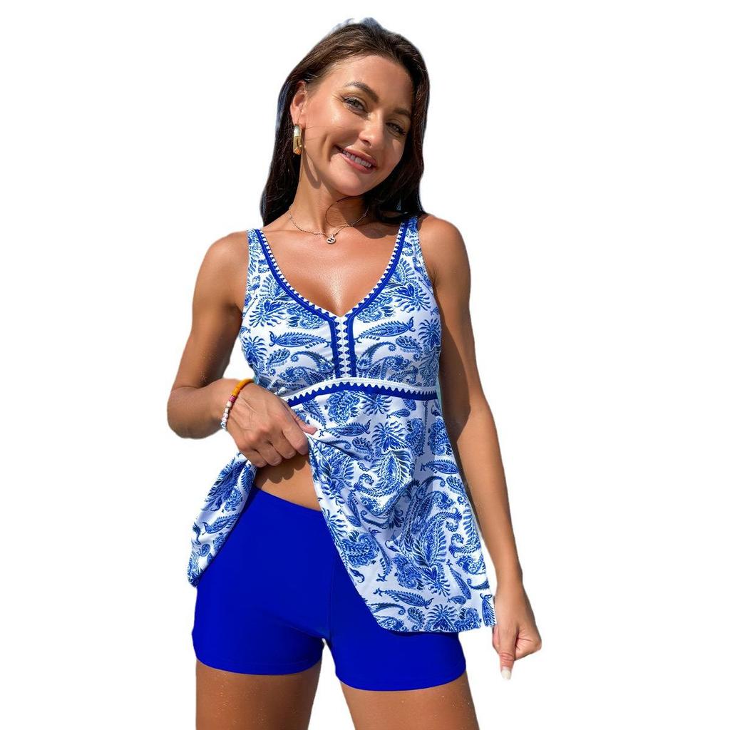 Stylish Women's European & American Split Tankini with Boxer Swim Trunks