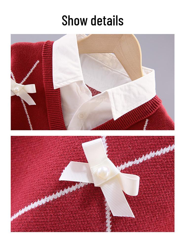 Mädchen Zweiteiliger Baumwollstrickpullover mit Hemdkragen für Frühling & Herbst