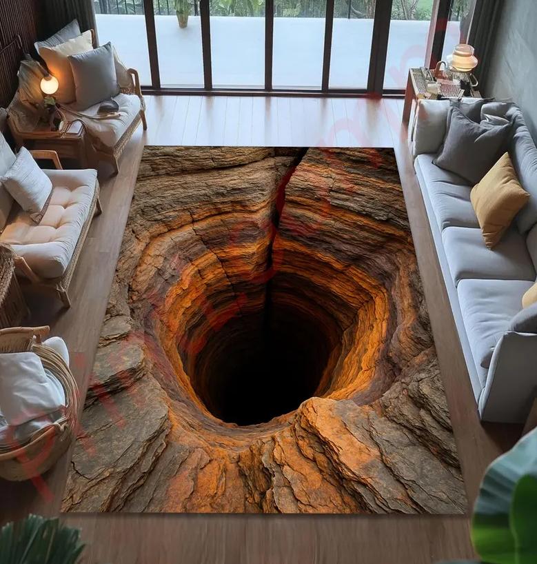 3D Visual Illusion Stone Wall Carpet Modern Creative Sky Center Pattern Decor Mat Soft Anti-slip Home Decor Visual Impact Rug