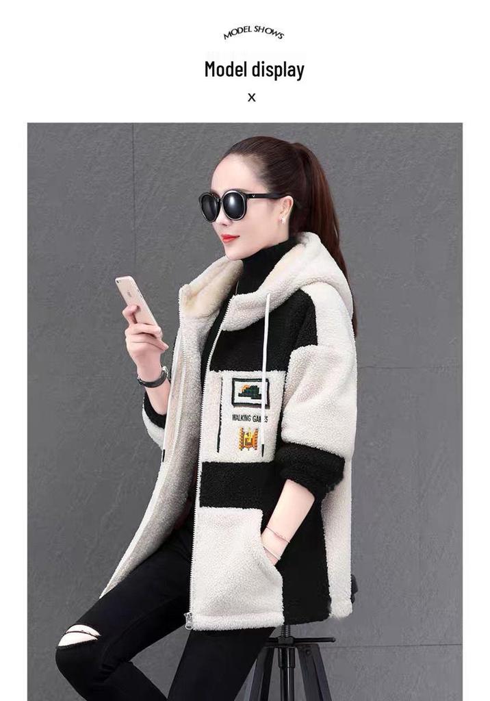 Korean Style Plus Size Mid-Length Lambswool Hoodie for Women - Slimming, Versatile, Thickened, and Cozy.