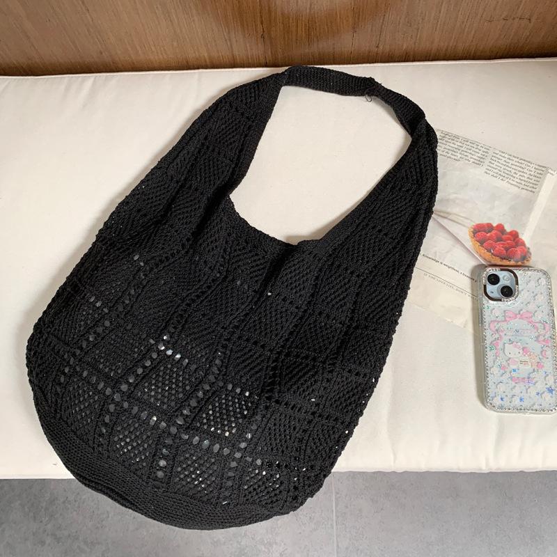 Polyester Knit Tote Bag for Women Oversized Crochet Shoulder Handbag Soft Mesh Woven Purse Casual Daily Commute Bag KTB