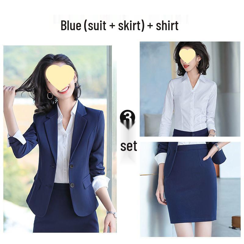 Korean Style Women's Blue Office Suit - Professional Spring/Autumn Wear