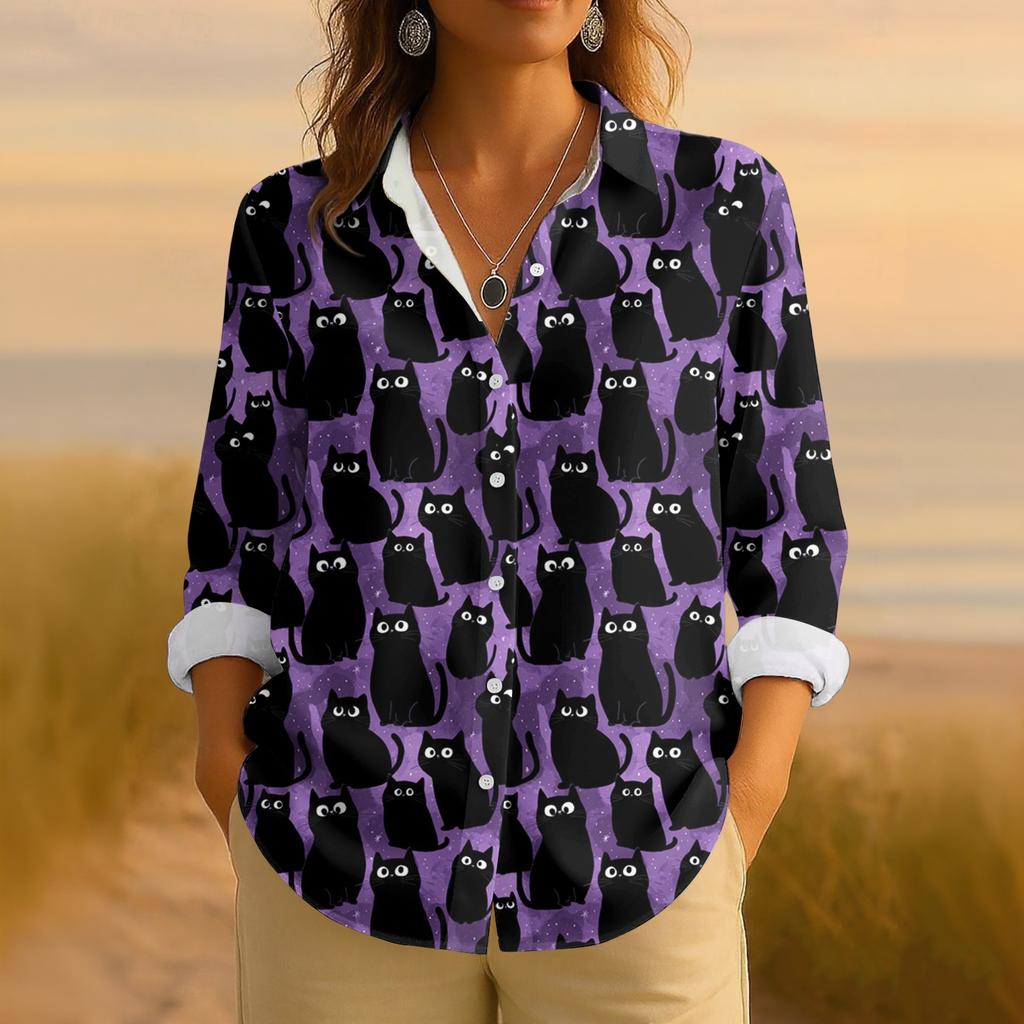 Dámská retro halloweenská potištěná košile s dlouhým rukávem na knoflíky, ležérní top s klasickým límečkem