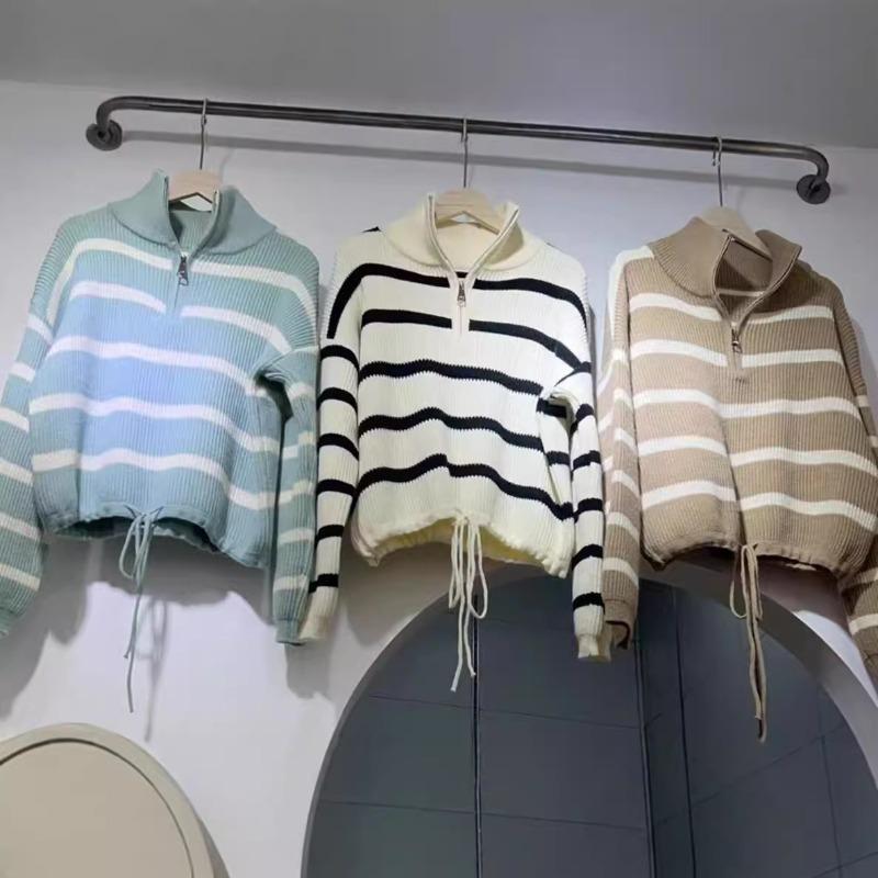 Half Zipper Turtleneck Striped Sweater Women's Autumn and Winter Small Thickened Loose Lazy Pullover Short Knitted Sweater