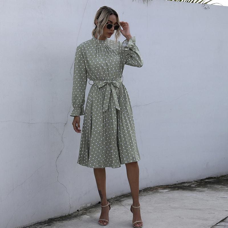 Modna sukienka z nadrukiem w kropki damska półgolfem rękaw motylkowy sukienka liniowa jesienno-zimowa dopasowana sukienka bandażowa Vintage