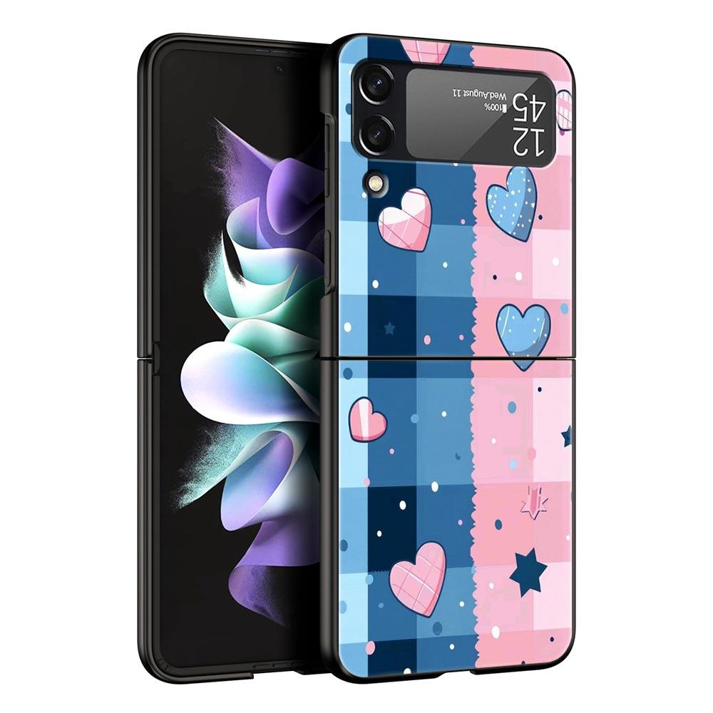 Phone Case for Samsung Galaxy Z Flip 3 4 5 6 7 Folding Black Shell For Samsung Z Flip4 Flip5 PC Hard Cover Pink Grid