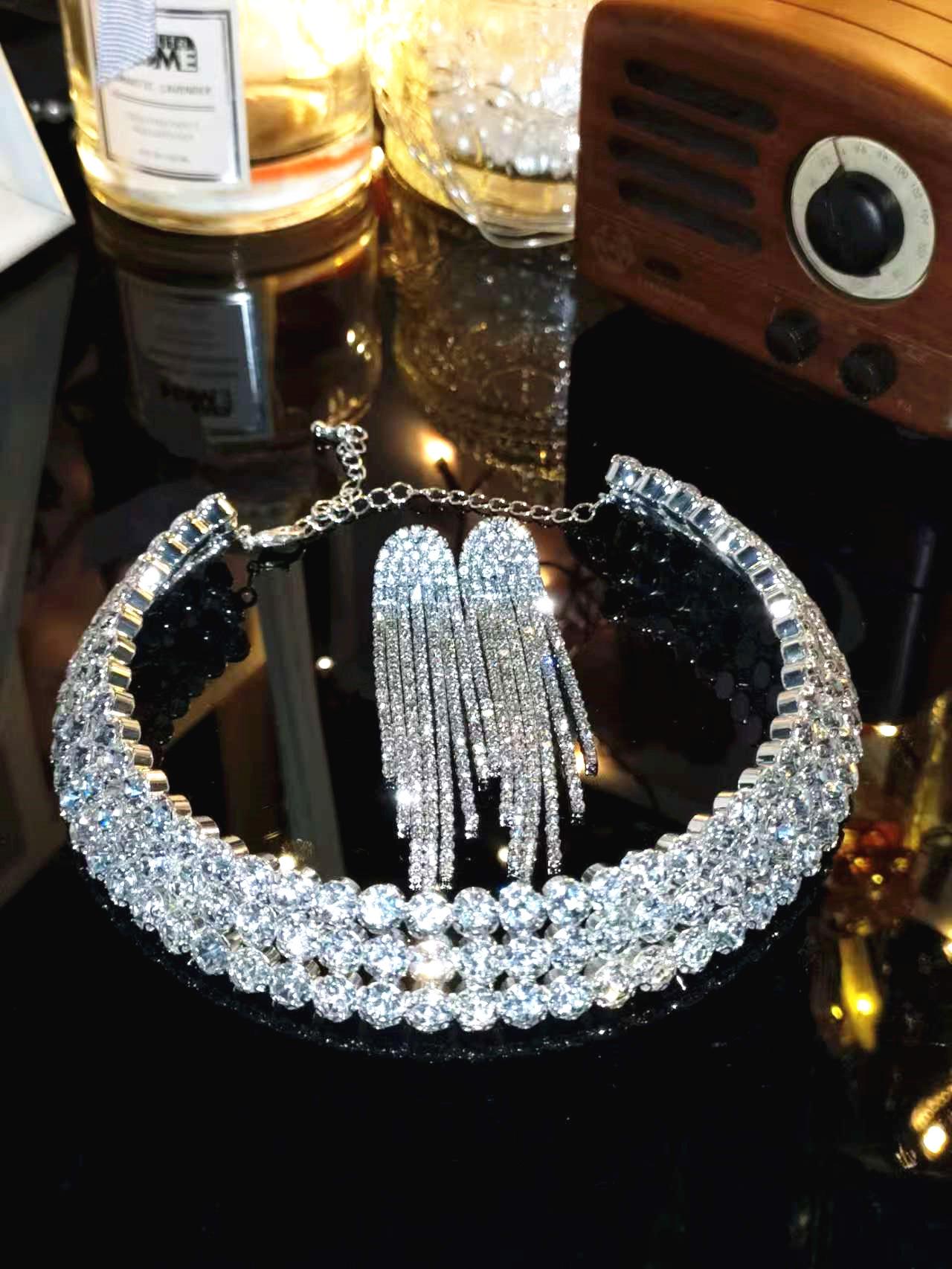 

Crystal Choker Necklace & Earring Set with Rhinestone Bangle