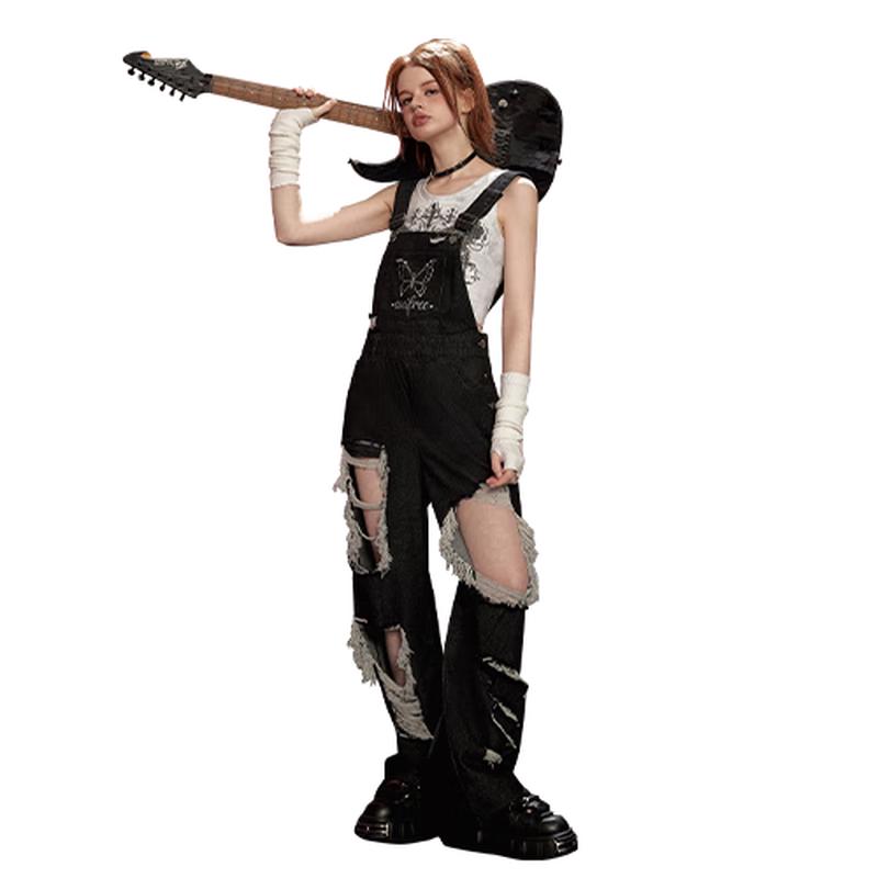 

UNIFREE Women s Distressed Straight-Leg Denim Overalls S