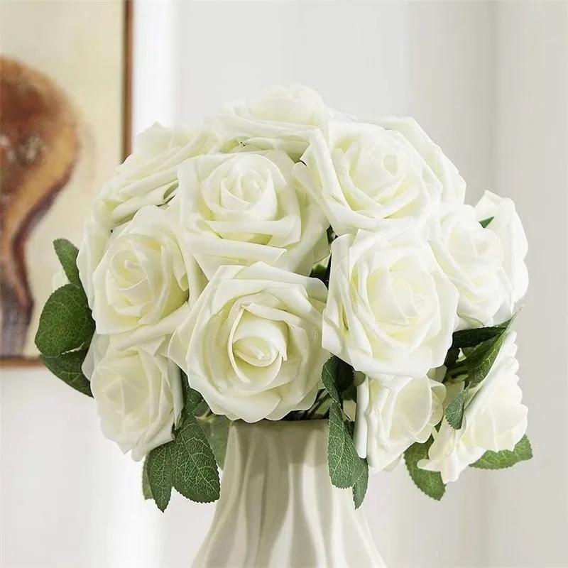 5/100pcs Artificial Fake Roses Heads with Stems Rose Flower and Green Leaves Valentine's Day Wedding Birthday Party Decoration