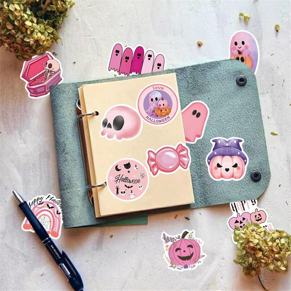 50pcs Kawaii Pink Halloween Stickers - Ghost & Pumpkin Theme, Waterproof Vinyl Decals for Kids Youth & Adults Holiday Party Favors & Gifts
