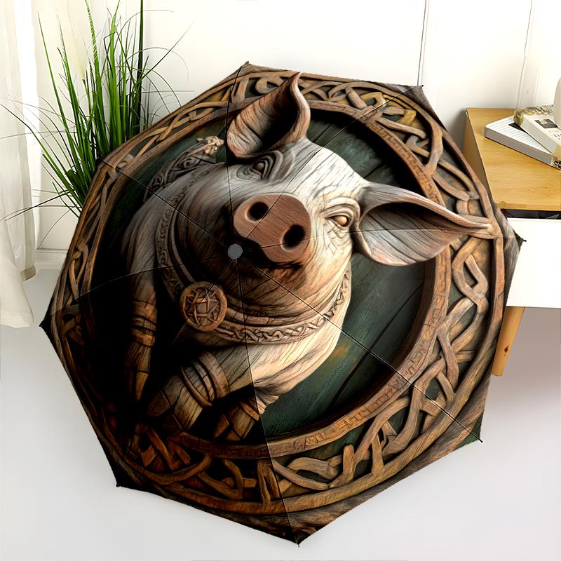 Motivo a maialino, ombrello pieghevole automatico, design portatile e pieghevole, 8 stecche, un regalo di Natale o di compleanno.