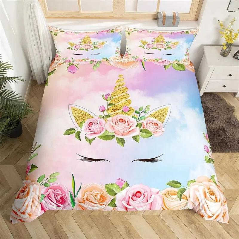 Cartoon Unicorn Duvet Cover Twin King Smiling Eyelash Rainbow Bedding Set For Kids Girls Microfiber Magical Animal Quilt Cover