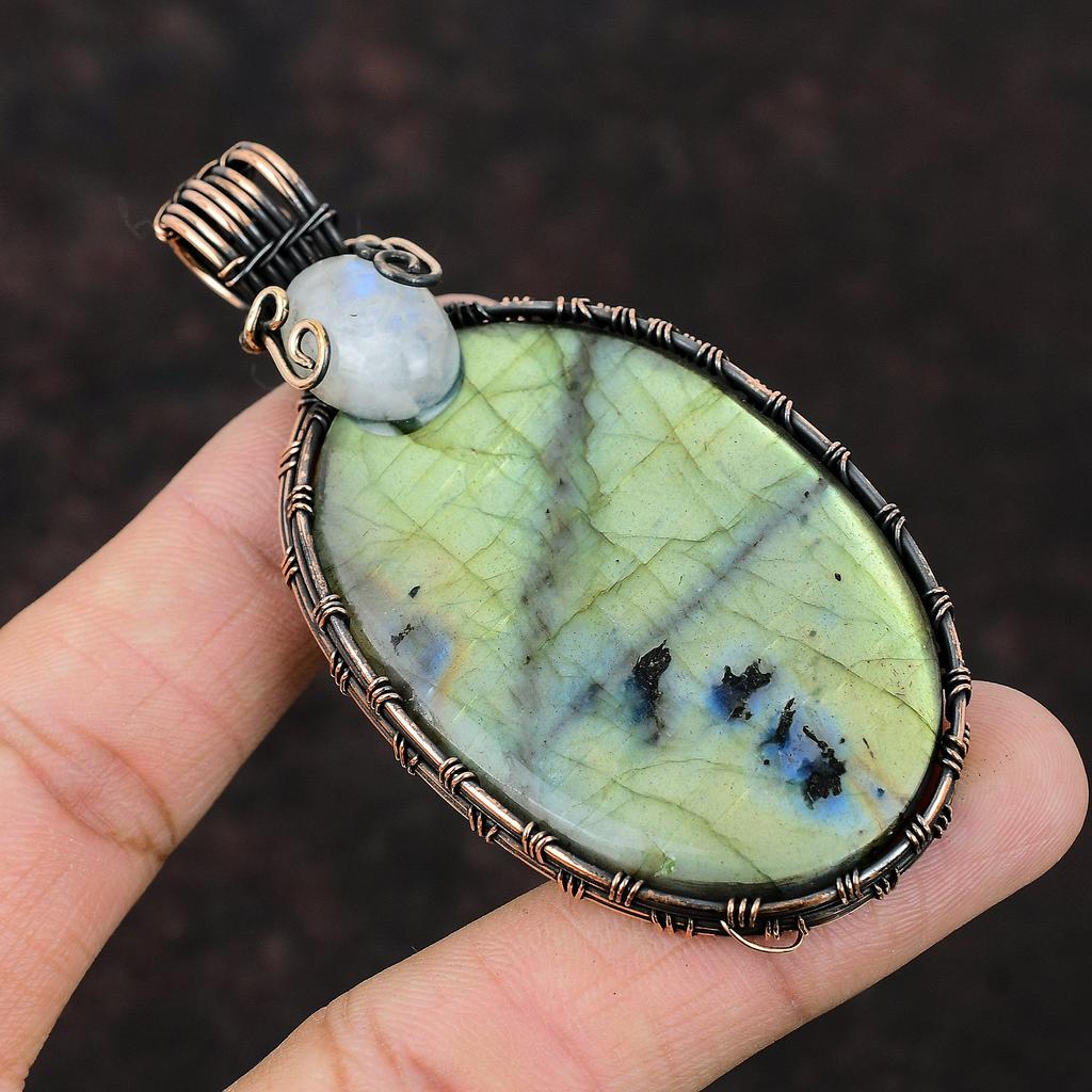 Wisiorek z labradorytu, owinięty drutem miedzianym, wisiorek z kamieniem księżycowym o tęczowym połysku, unikalna miedziana biżuteria, ręcznie robiony, nowy wisiorek
