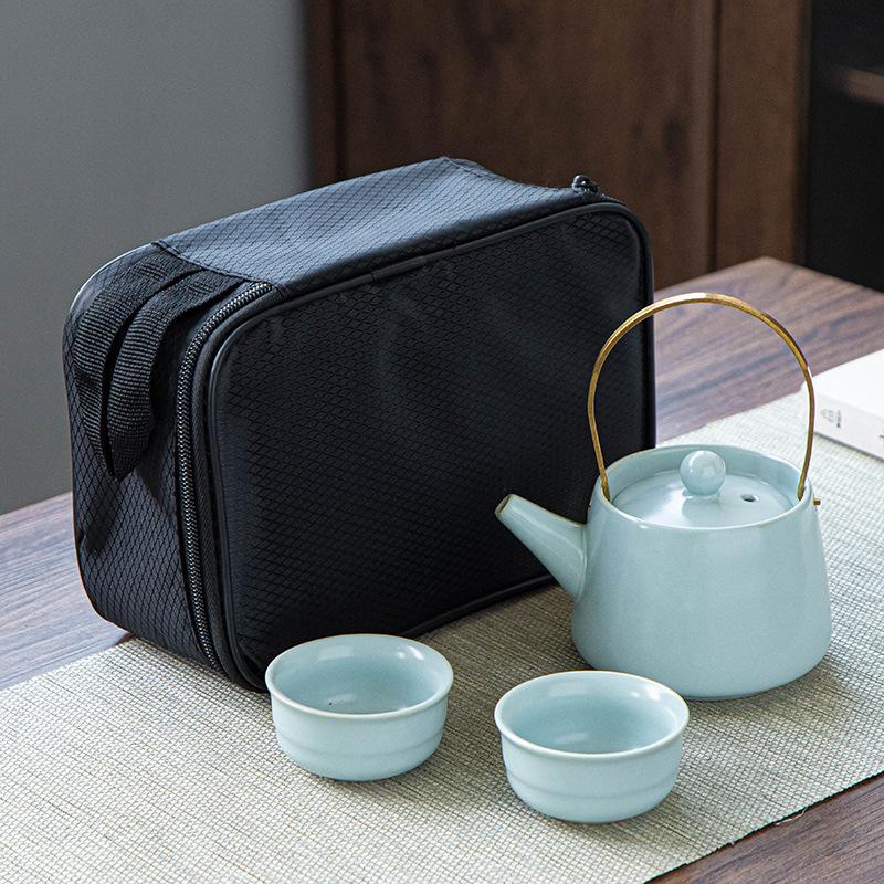Ru Kiln Ge Kung Fu Tea Set Cloth Bag Portable One Pot Four Cups Ceramic Travel Tea Set Gift