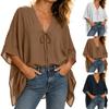 Women's Loose Fit V-Neck Sleeve Blouse with Front Tie - Casual Top for Everyday Wear