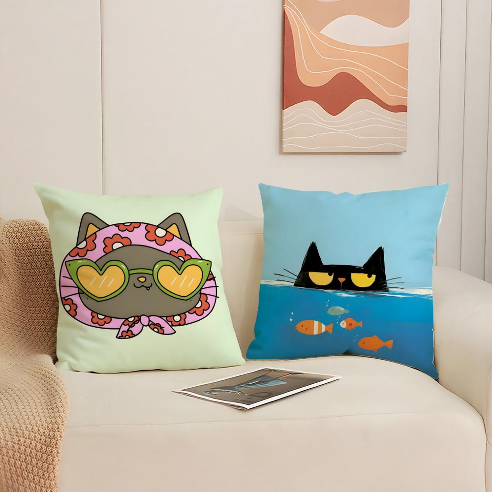 Funny And Surprising Cat Patterns Cushion Cover Silky Elegant Comfort Sofa Bed Invisible Zipper Beach Pillowcase