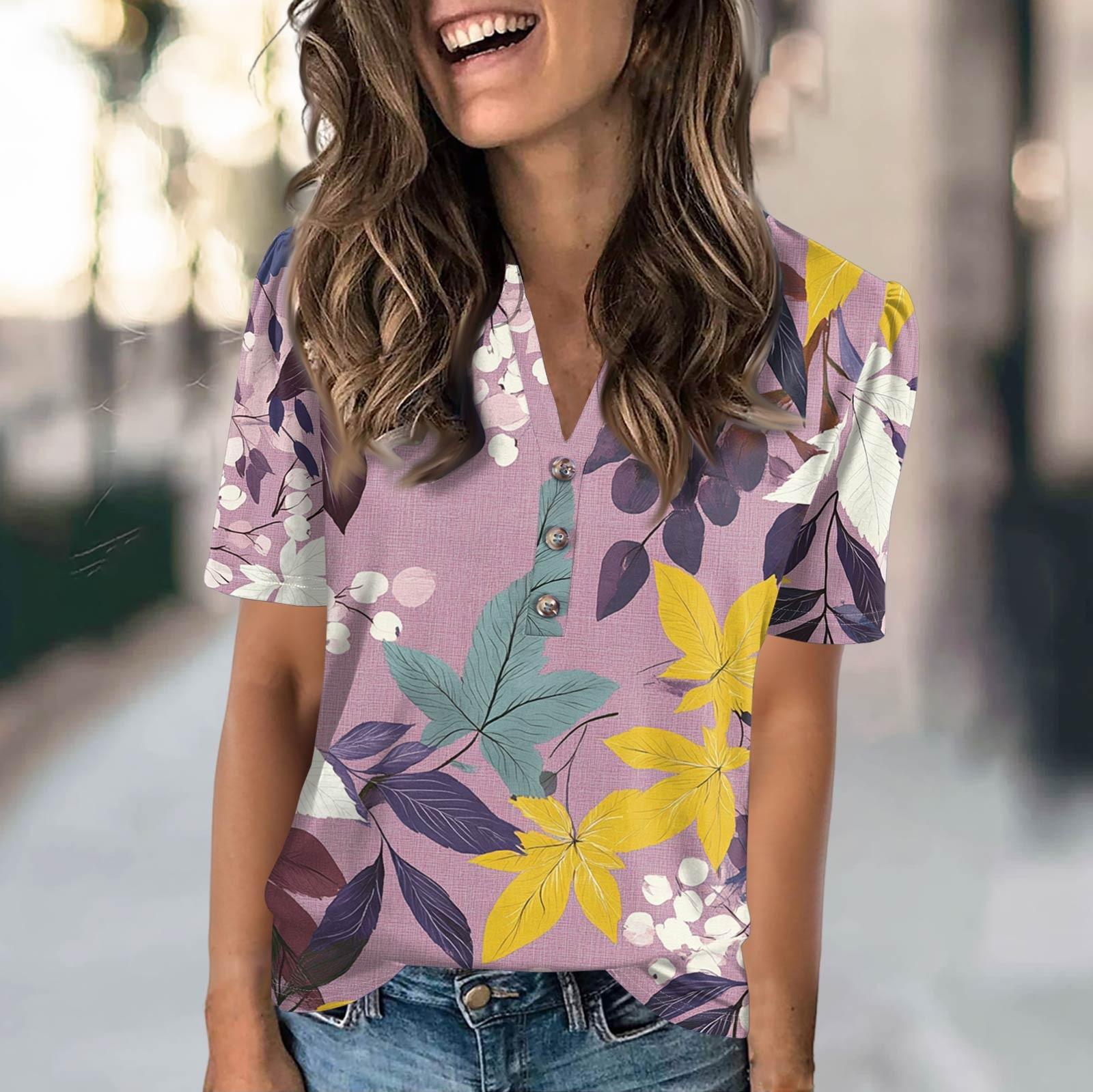 

Женская модная повседневная футболка с полосатым принтом и V-образным вырезом, коротким рукавом, на пуговицах M фиолетовый