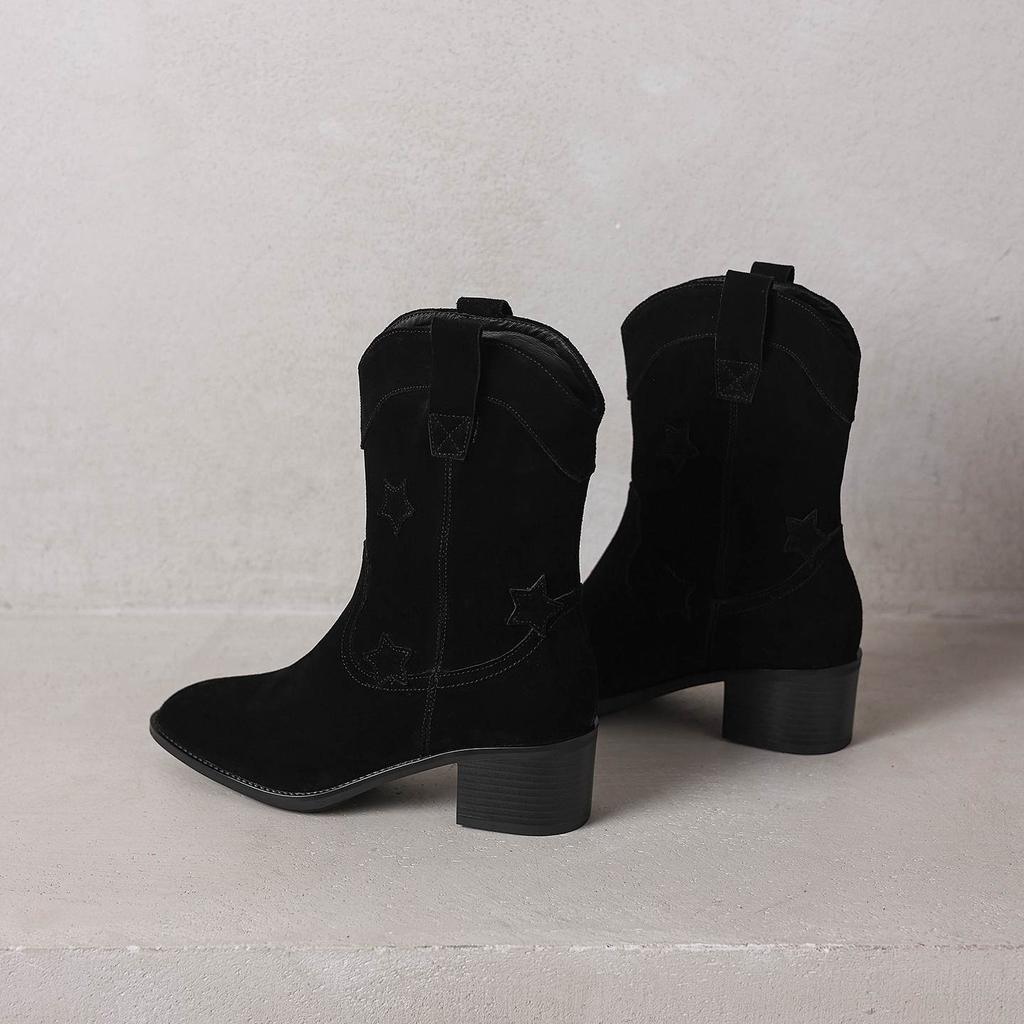 Krazing Pot Cow Suede Nubuck Winter Round Toe Modern Boots Med Heels Slip On Five-Star Decoration Women Mid-calf Boots