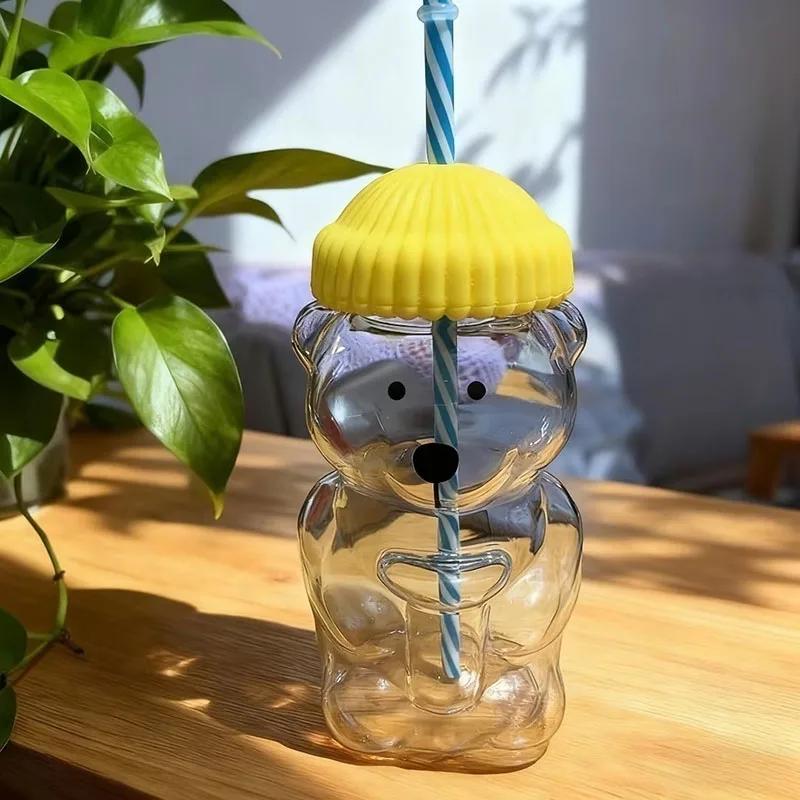 550ML Creative Bear Coffee Mug Cartoon Glass Mug with Straw Birthday Gift Suitable for Women Children Friends Christmas Gift