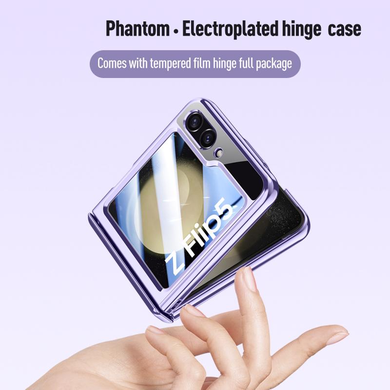 For Samsung Galaxy Z Flip5 5G Hinge Protection Clear Case Hard PC Electroplating Phone Cover with Tempered Glass Rear Screen Protector