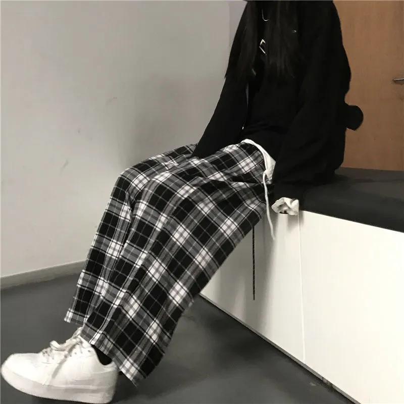 Women Casual Loose Wide Leg Trousers Black and White Plaid Pants Retro Straight Trousers Hip Hop Streetwear Plus Size