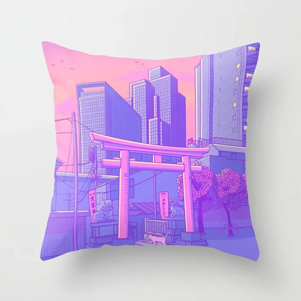 Pink Cartoon City Print Pillowcase Car Ornaments Office Living Room Home Pillowcase