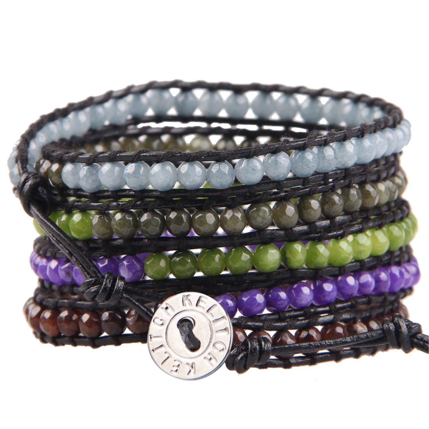 KELITCH Agate Crystal Mix Beads Grey Leather 5-Wrap Bracelet Handmade Cuff Bracelet New Jewelry (Purple)