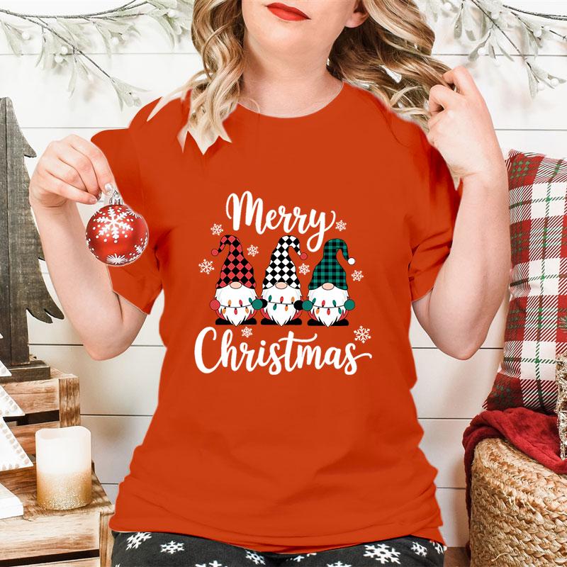 Merry Christmas Gnomes Print Womens Tshirt Fashion Casual Holiday Party Female Tops Tees Short Sleeve Tshirt Women Xmas Gift