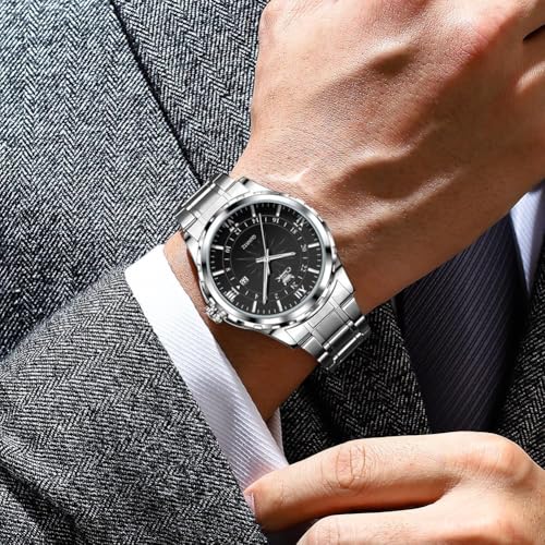 OPK Men's Quartz Watch, Stylish, Classic, Stainless Steel, Date Display, Waterproof, Luminous, Perfect for School or Office, Black