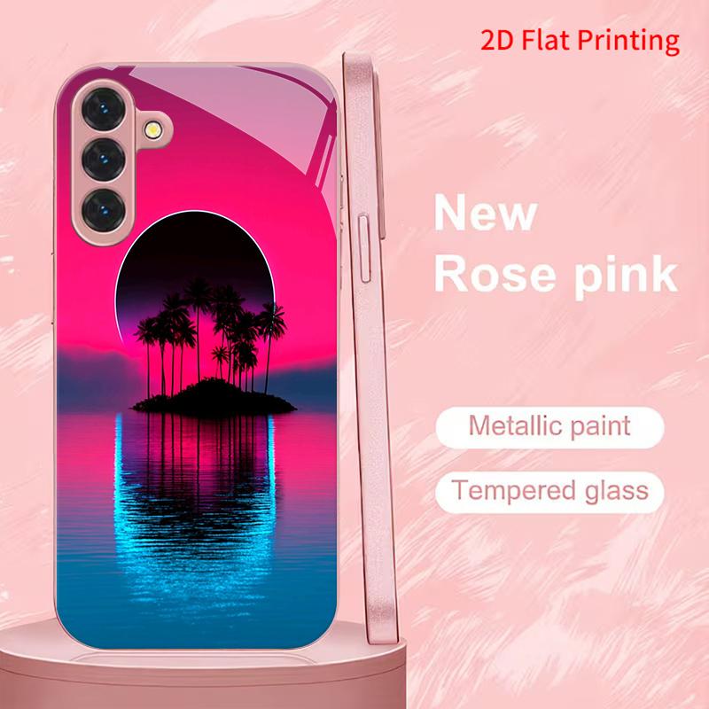 2DFlat Samsung electroplated tempered glass phone case,Neon Sunset IslandSuitable for Galaxy S26 S23 S24FE S25ULTRA S22 S21