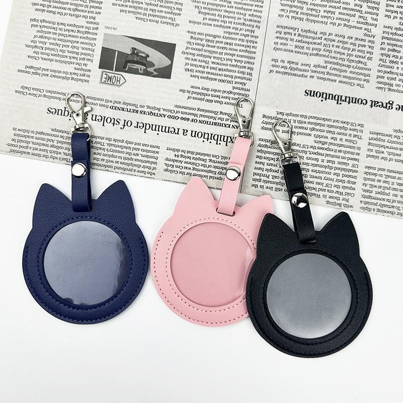 PU Leather Card Holder Cat Ear Design Cute Round Badge Reel For Work Office Travel Luggage Keychain Pendant