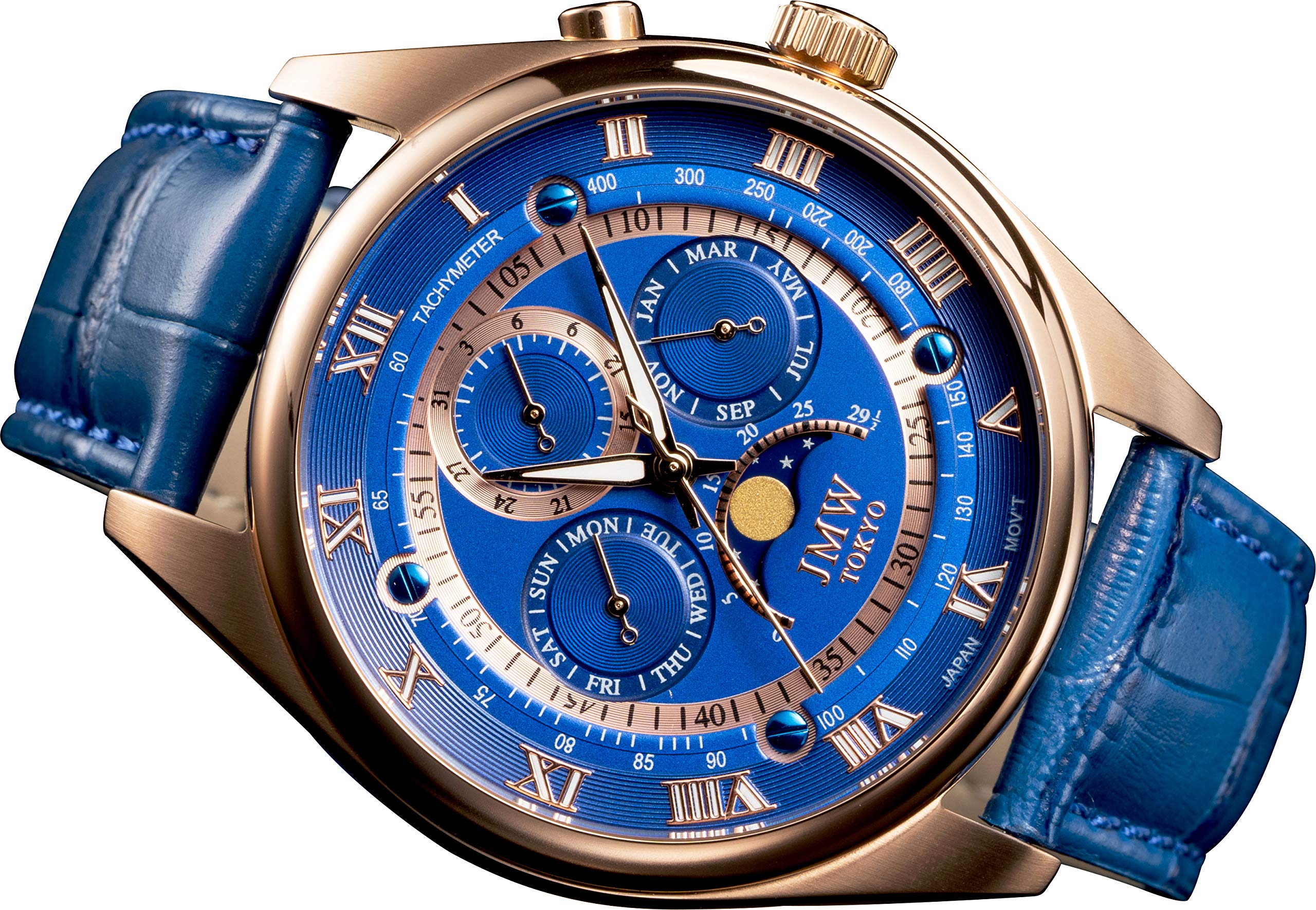 

Moon Phase Watch Genuine Leather Strap Roman Numeral Indices 100m Water Resistant Tachymeter Blue Gold Edition of 300 Day Gift JMW TOKYOMen s