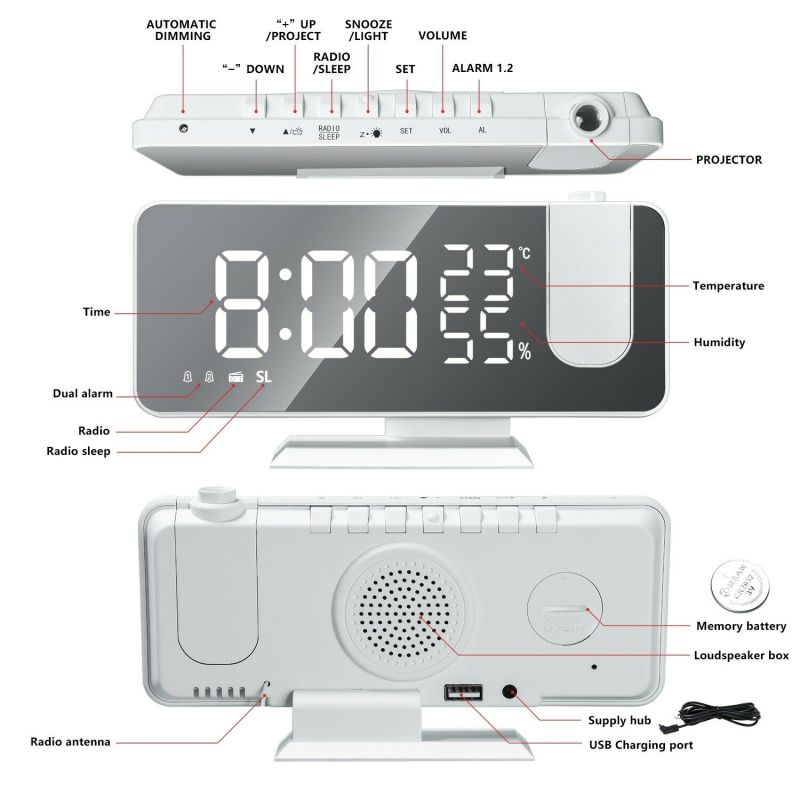 7.5-inch Led Digital Projector Projection Snooze 2 Alarm Clock Fm Radio Timer