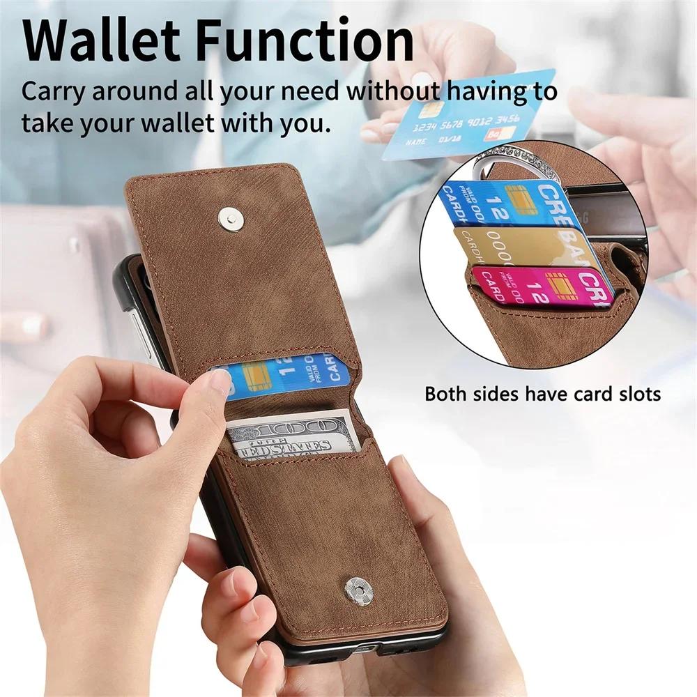 Retro Leather Wallet Phone Case with Ring Bracket for Samsung Galaxy Z Flip 7 Fe 6 5 4 3 Flip6 Flip5 Flip4 5G Cover Card Holder