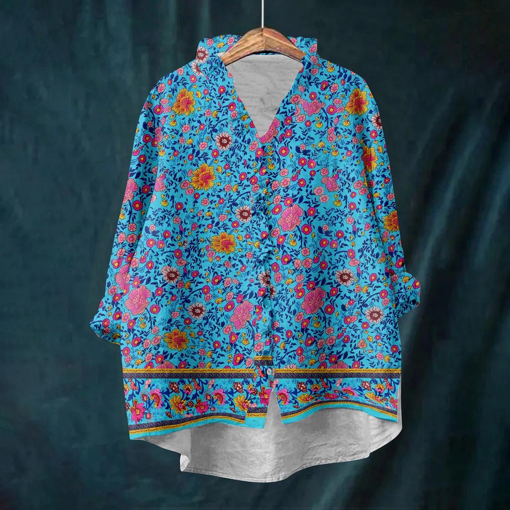 Dámský volný top s volánky, květinovým potiskem, stojáčkem a dlouhým rukávem z bavlny a lnu