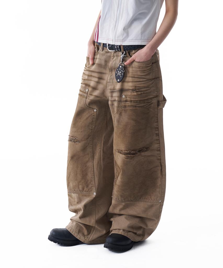 AAKAM Dirty Washed Double Knee Cotton Pants (Beige)