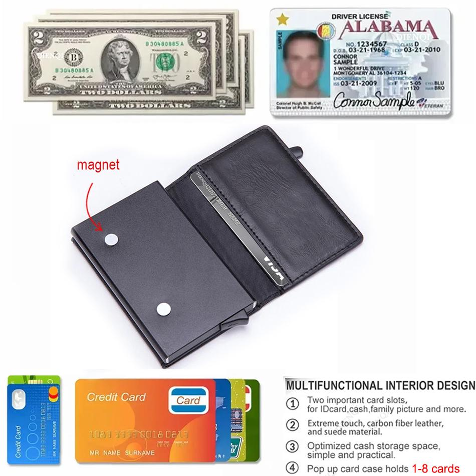 DIENQI Anti Rfid ID Card Holder Case Men Leather Metal Wallet Male Coin Purse Women Mini Carbon Credit Card Holder With Zipper