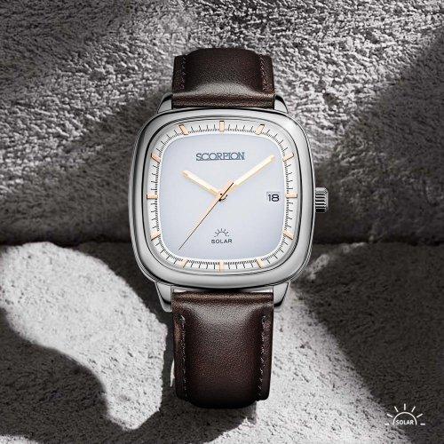 [SCORPION] SCORPION 37mm Light Charged Solar Movement Men s Leather Wristwatch S12L-WH FREE