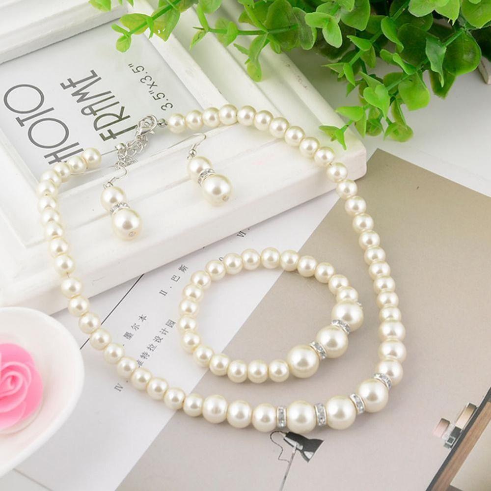 Shiny Earrings Necklace Bracelet Set Simulated Pearl Bridal Jewelry Accessories  Banquet