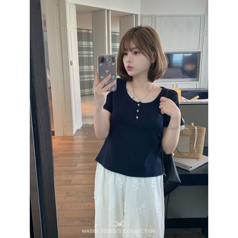 

Maxi Plus-Size Women s Lace-Trimmed U-Neck Button-Up T-Shirt, Summer Loose Fit, Slimming Effect, Regular Shoulder Short-Sleeve Top Navy Blue (Batch 2) L