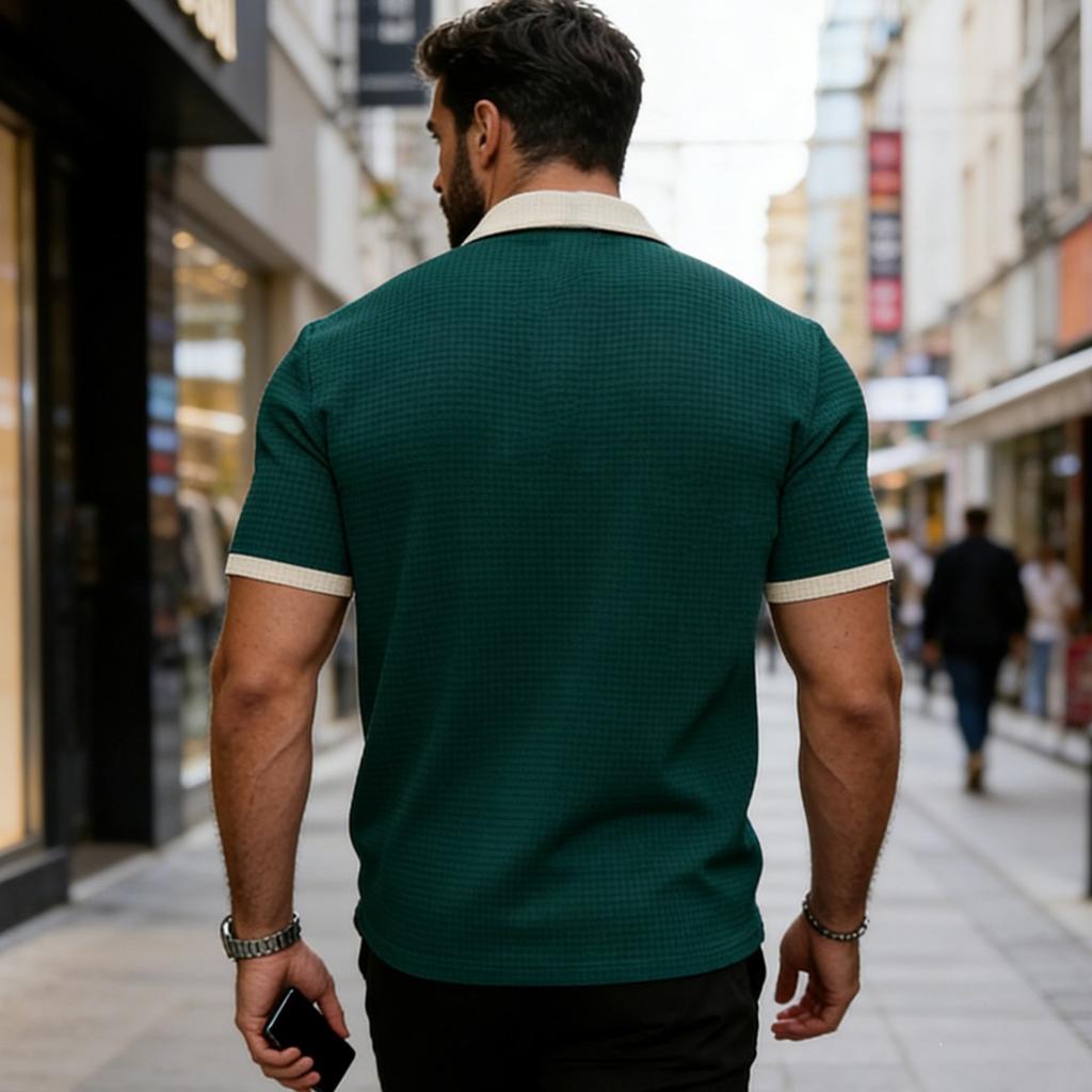 Men’s Short Sleeve Polo Shirt with Zip Placket and Chest Pocket Classic Knit Top for Daily Wear