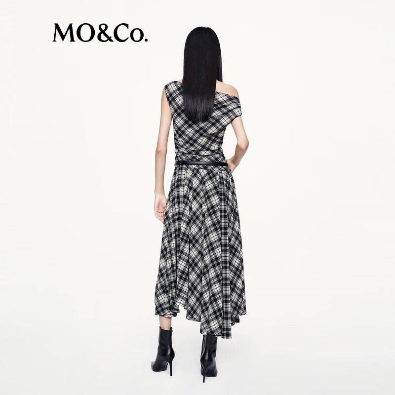 MO&Co. 2025 Autumn Plaid Asymmetric One-Shoulder Dress with Belt