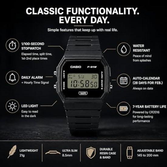 Casio Montre Numérique Série F91W Résistante à l'Eau Lumière LED Chronomètre au 1/100 SEC Affichage Toujours Allumé (RH Min PM Date Jour) Alarme quotidienne Légère 7 ans