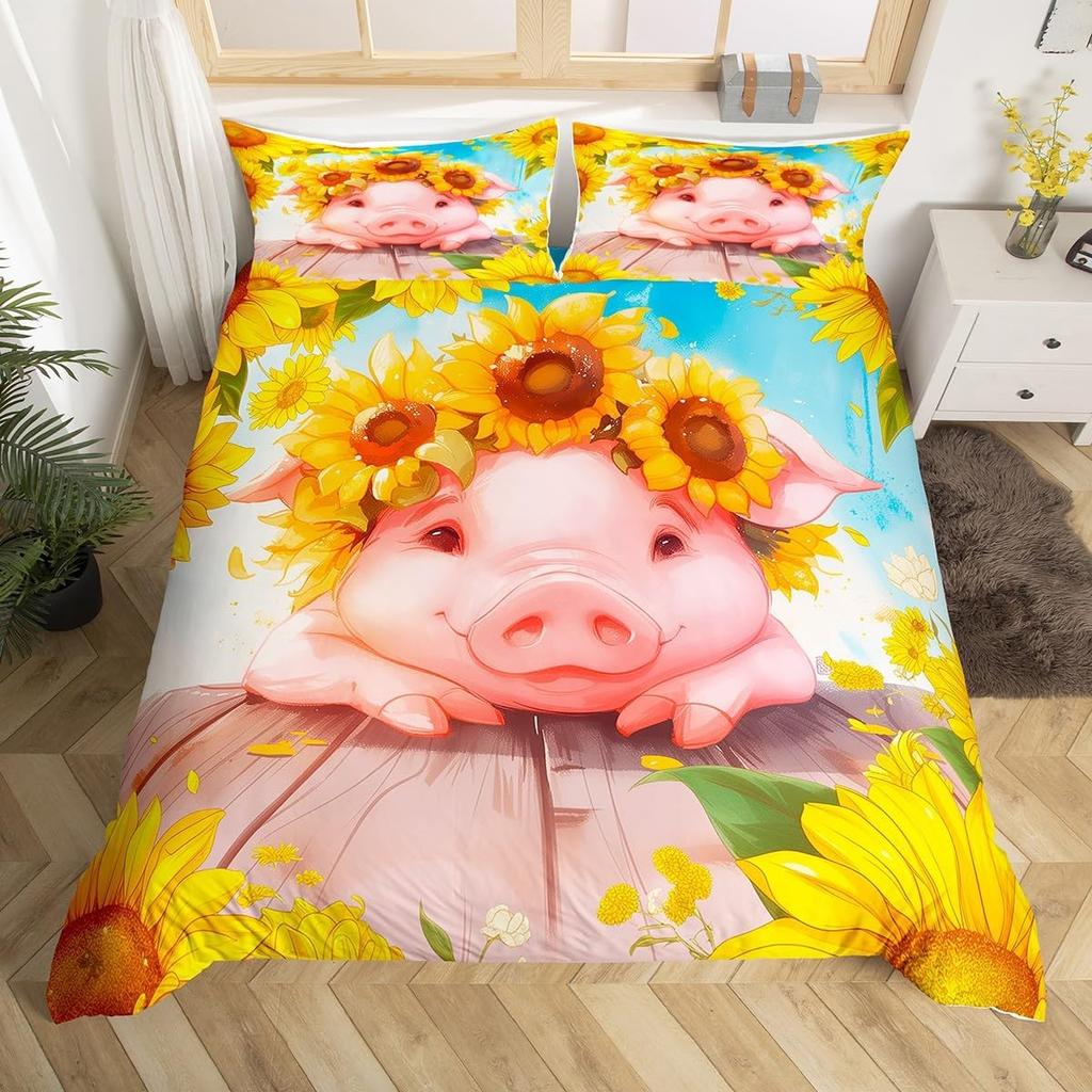 Farm Animal Pig Bedding Set Full Queen Size, Cute Pig Duvet Cover For Kids Girl, Cartoon Pigs Comforter Cover With 2 Pillow Case