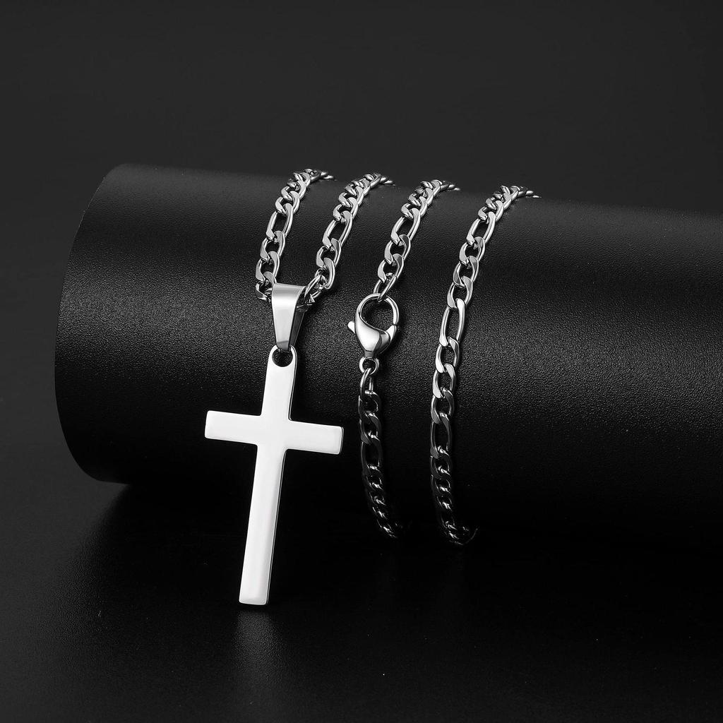 18k Gold Stainless Steel Men's Figaro Chain Necklace with Black, Silver, and Gold Cross Pendants