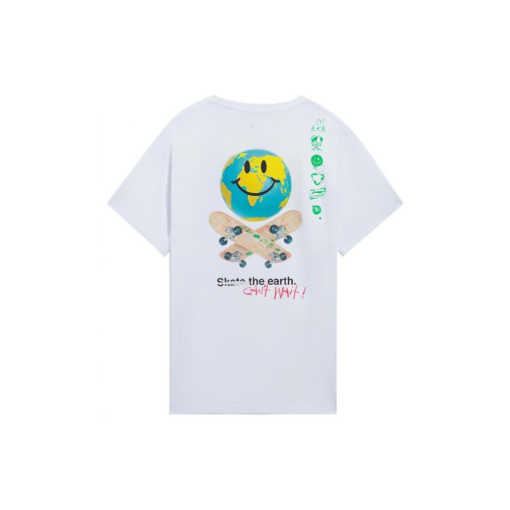 Li Ning X Og Slick Collaboration Earth Smiley Skateboard Letter Cartoon T-Shirt Unisex Tops White AHSS299-3