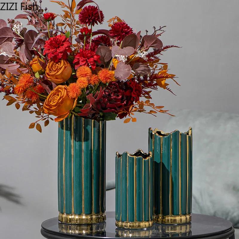 Zlacená malovaná keramická váza Válcové vázy na květiny Dekorace na stůl Ornamenty Květinové aranžmá Nordic Home Decor